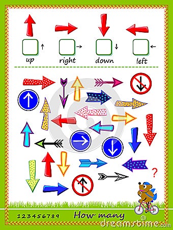 Mathematical education for kids. Count the quantity of arrows pointing in each direction and write the numbers. Developing Vector Illustration