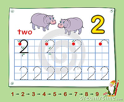 Mathematical education for little children. Learn write numbers. Printable worksheet for school textbook. Kids activity sheet. Vector Illustration