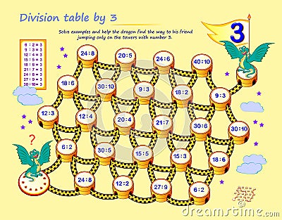 Mathematical educational page. Division table by three. Logic puzzle game. Solve examples and help the dragon find the way to his Vector Illustration