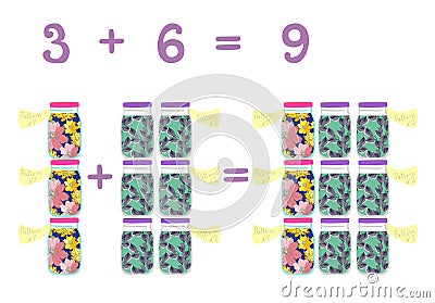 Mathematical examples in addition to fun glass jars. Educational game for children. Vector Illustration