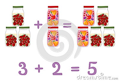 Mathematical examples in addition to fun glass jars. Fruit and berry compote and pickled tomatoes. Vector Illustration