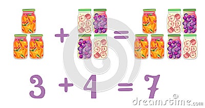 Mathematical examples in addition to fun glass jars. Plum, pear and apple compote. Vector Illustration