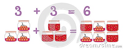 Mathematical examples in addition to fun glass jars. Rowan and raspberry jam. Vector Illustration