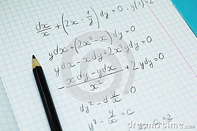 Mathematical examples and calculations in a notebook for lectures. Science and education Stock Photo