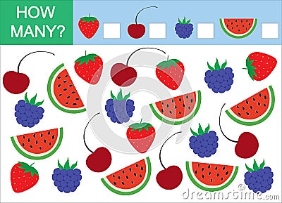 Mathematical game for children. Count how many berries. Vector Vector Illustration
