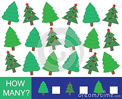 Mathematical game for children. How many Christmas tree fir. Vector Illustration