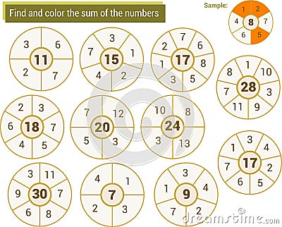 Mathematical game. Find and color in the numbers that add up the small circle Vector Illustration