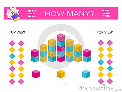 Math game. Find the correct group of cubes. Also count how many red, yellow, blue cubes and write the Vector Illustration