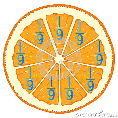 Mathematical games for children. Study the fractions numbers, example with orange. Vector Illustration