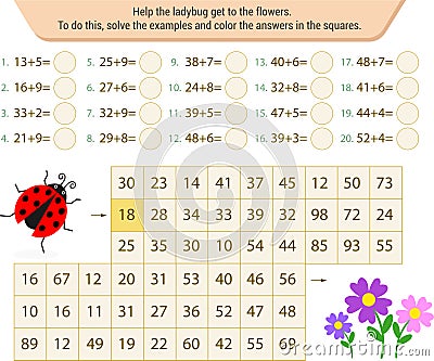 Mathematical labyrinth. To find the way, solve the examples and color the answers in the squares Vector Illustration