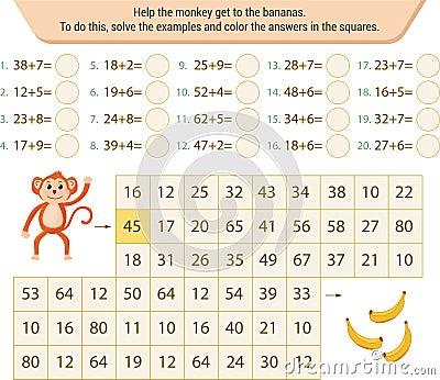 Mathematical labyrinth. To find the way, solve the examples and color the answers in the squares Vector Illustration