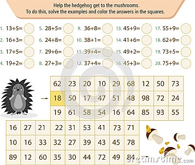 Mathematical labyrinth. To find the way, solve the examples and color the answers in the squares Vector Illustration