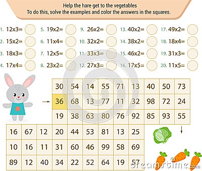 Mathematical labyrinth. To find the way, solve the examples and color the answers in the squares Vector Illustration