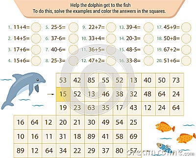 Mathematical labyrinth. To find the way, solve the examples and color the answers in the squares Vector Illustration