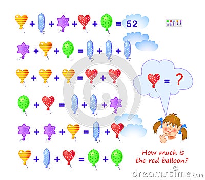 Mathematical logic puzzle game for smartest. How much is the red balloon? Solve examples and find solution. Page for brain teaser Vector Illustration