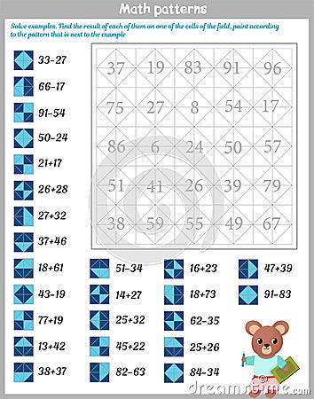 Mathematical patterns. Worksheet. Solve examples. Find the result of each of them on one of the cells of the field Stock Photo