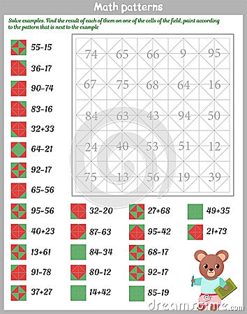 Mathematical patterns. Worksheet. Solve examples. Find the result of each of them on one of the cells of the field Vector Illustration