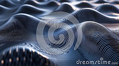 Mathematical wave interference patterns translated into physical texture rendered in metallic silver with holographic color shifts Stock Photo