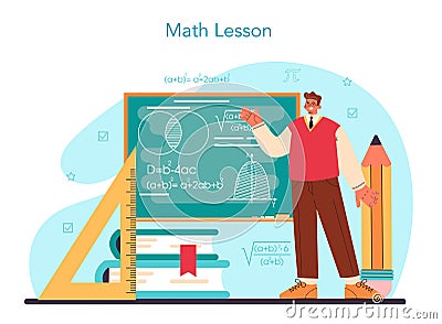 Mathematician concept. Mathematician use scientific formulas and diagrams Vector Illustration