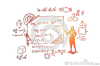 Mathematician with pointer, theorem proof, stationery tools,complex equations and formulas Vector Illustration