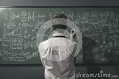 Mathematician solving problems and writing formulas on the chalkboard Stock Photo