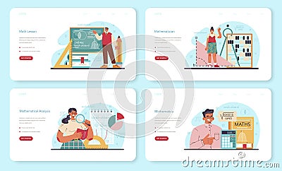 Mathematician web banner or landing page set. Mathematician use Cartoon Illustration