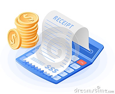 The mathematics calculator, paper bill payment, stack of coins. Vector Illustration