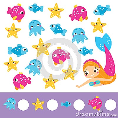 Mathematics educational children game. Study counting, numbers, addition. help mermaid count fish Vector Illustration