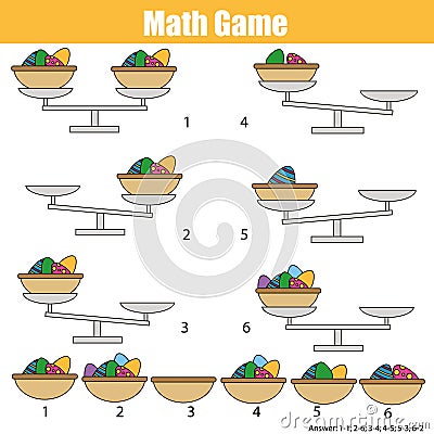 Mathematics educational game for children. balance the scale. Easter eggs in basket Vector Illustration