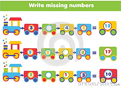 Mathematics educational game for children. Write the missing numbers Vector Illustration