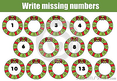 Mathematics educational game for children. Write the missing numbers. Christmas theme Vector Illustration