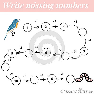 Mathematics educational game. Complete the row, write missing numbers. Solve the equation and help bird find worm Stock Photo