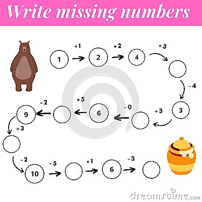 Mathematics educational game. Complete the row, write missing numbers. Solve the equation and help brown bear find honey Stock Photo