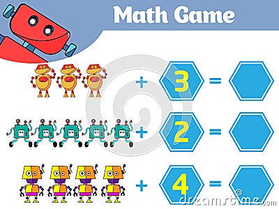 Mathematics educational game for children. Learning subtraction worksheet for kids, counting activity. Vector illustration Robot Cartoon Illustration