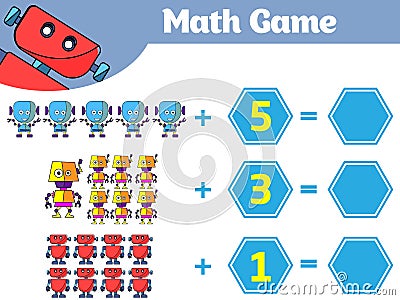 Mathematics educational game for children. Learning subtraction worksheet for kids, counting activity. Vector illustration Robot Cartoon Illustration