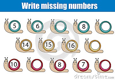 Mathematics educational game for children. Write the missing numbers Vector Illustration