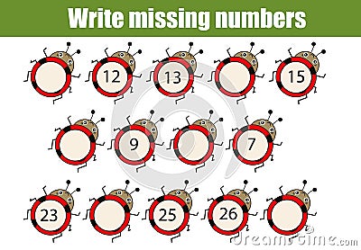 Mathematics educational game for children. Write the missing numbers Vector Illustration