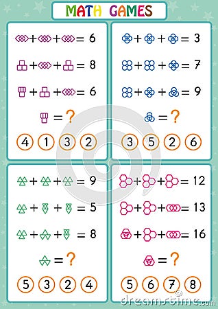 Mathematics educational game for kids, fun worksheets for children, Children are learning to solve problems. Vector Illustration