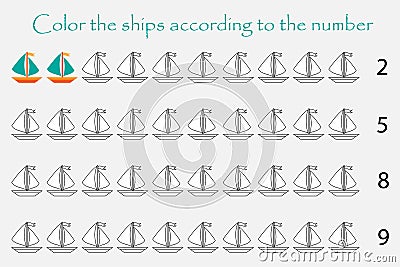 Mathematics game for children, count and color ships, easy level, education game for kids, school worksheet activity, task for the Stock Photo