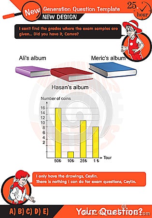 Mathematics, graph questions, column, circle, line, pie chart, next generation test template Vector Illustration