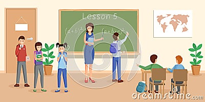 Mathematics lesson flat vector illustration. Cheerful teacher at chalkboard explaining maths to pupils cartoon Vector Illustration