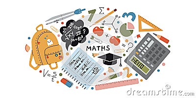 Mathematics lesson at school, science. Oval art with calculator, numbers, backpack, notebook, math formulas, digits Vector Illustration