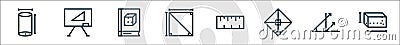 mathematics line icons. linear set. quality vector line set such as beam, corner, rhombus, ruler, square, book, whiteboard Vector Illustration
