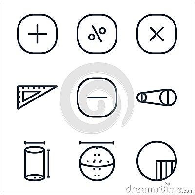 Mathematics line icons. linear set. quality vector line set such as circle, ball, tube, diameter, substraction, ruler, Vector Illustration