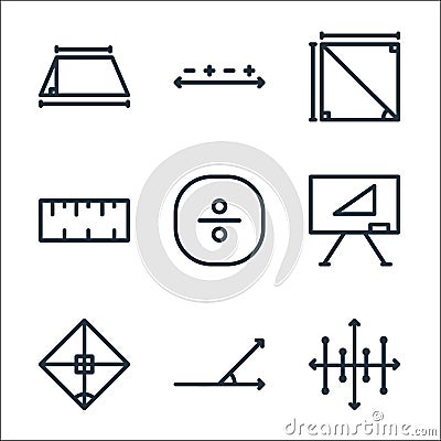 mathematics line icons. linear set. quality vector line set such as mirror, acute angle, rhombus, whiteboard, division, ruler, Vector Illustration