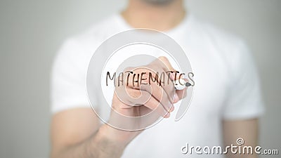 Mathematics, man writing on transparent screen Stock Photo