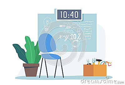 Mathematics or Robotics Classroom Empty Interior, School or College Class With Chair at Blackboard With Formula or Tasks Vector Illustration