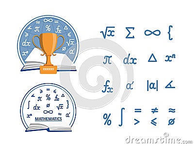 Mathematics: a set of two emblems and a set of arithmetic symbols. Illustration for school and university lectures, students and Vector Illustration