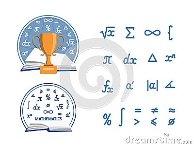 Mathematics: a set of two emblems and a set of arithmetic symbols. Illustration for school and university lectures, students and Vector Illustration