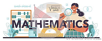 Mathematics typographic header. Mathematician use formulas and diagrams Vector Illustration